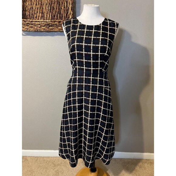 J Crew SILK Midi Dress 10 Black Cream Blue Brown A Line Career Church - Picture 9 of 16